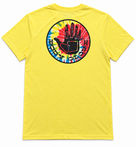 Body Glove  bright yellow short-sleeve t-shirt shown from the back, featuring a large circular tie-dye graphic.