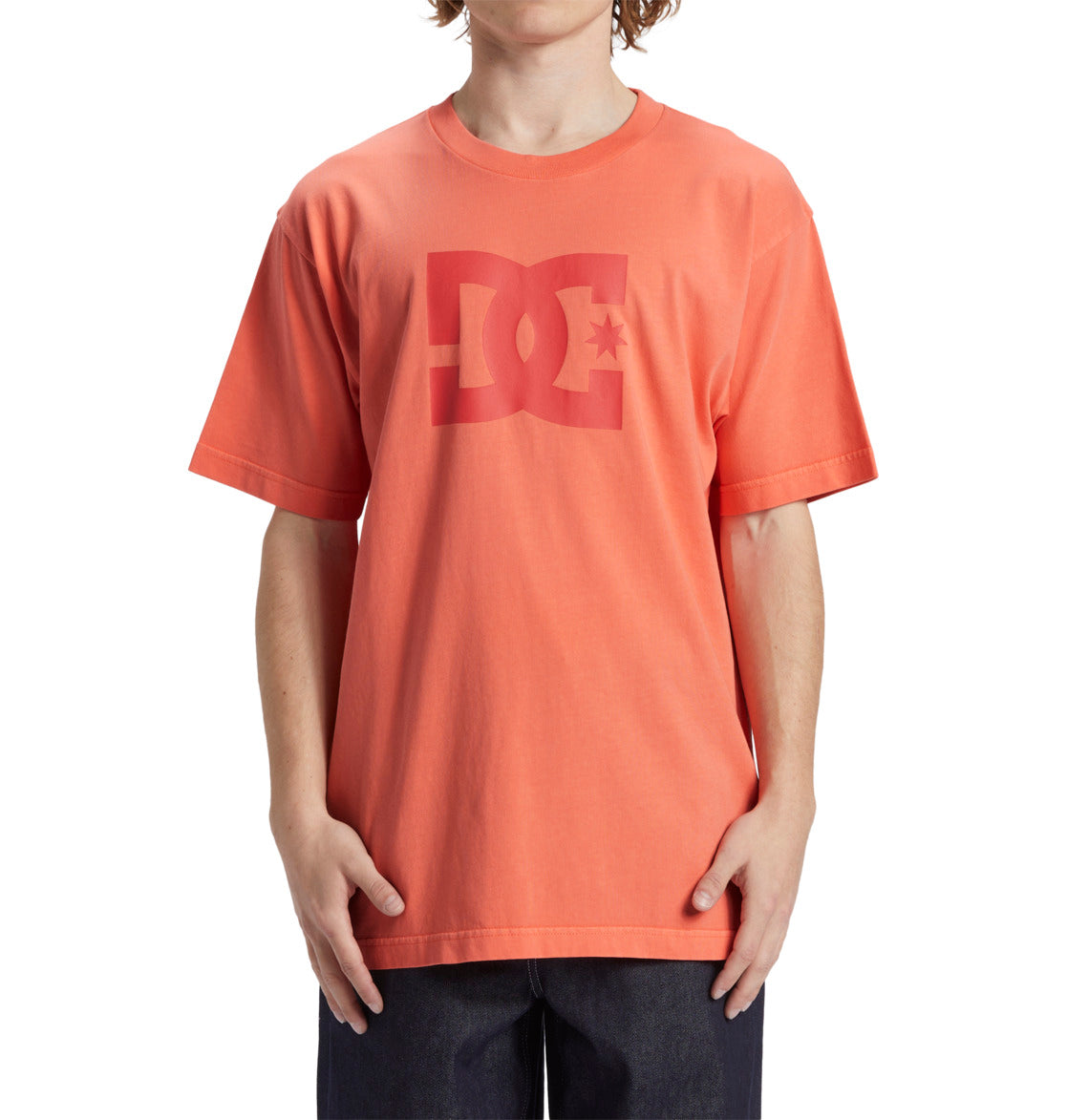 DC Mens Star Pigment Dye T-Shirt Hot Coral Enzyme Wash