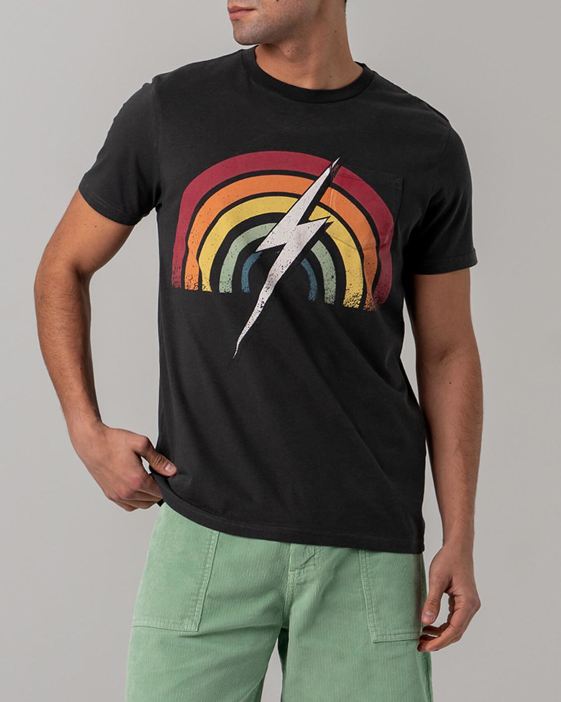 Lightning Bolt Rainbow Print T-Shirt Black Pocket 99AMATSTU16K04
