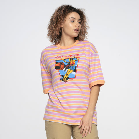 Santa Cruz Womens T-Shirt Ad Strip Dolly Oversized Tee Pink Orange Stripe