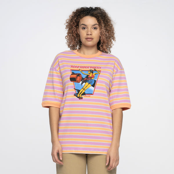 Santa Cruz Womens T-Shirt Ad Strip Dolly Oversized Tee Pink Orange Stripe